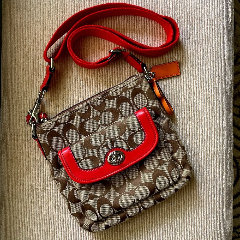 Coach Signature Messenger Crossbody Bag, Orange Trim with Monogram Canvas